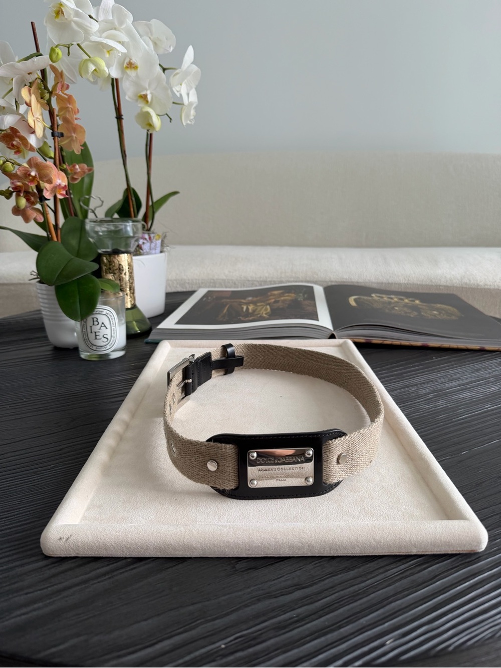 Dolce & Gabbana Canvas Leather Belt Beige Black Logo Plaque